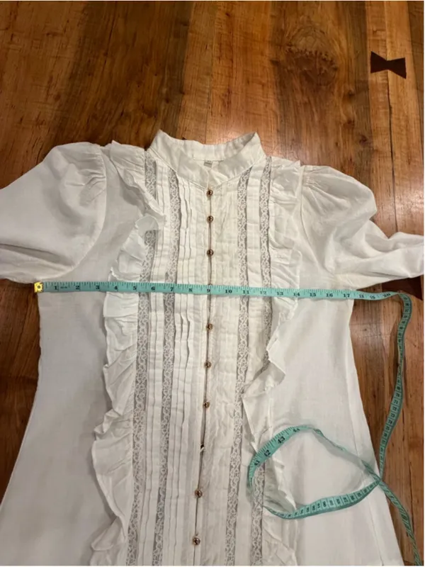 White Ruffle Mini Dress Glam Coastal Boho Lace Long Sleeve Tuxedo Pleat Sz M - Image 6