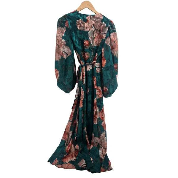 Hutch Maxi Dress Womens XXS Faux Wrap Teal Green Floral Balloon Sleeve EUC - Image 3