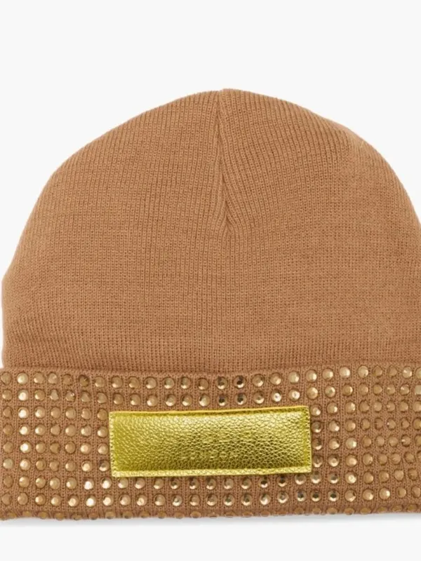 NWT Kurt Geiger London Logo Patch Crystal Cuff Beanie One Size, CAMEL - Image 4