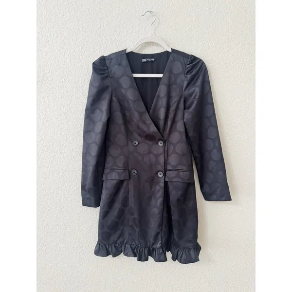 ZARA Jacquard Dot Puff Shoulder Blazer Mini Dress Black Size Small - Image 2