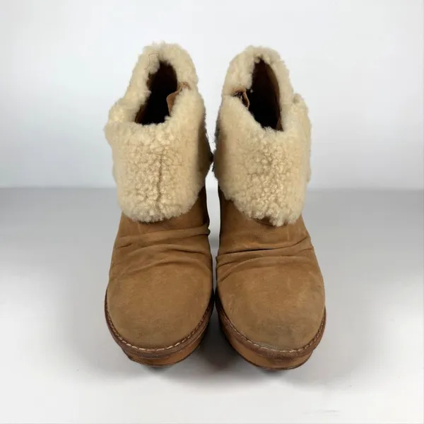 UGG Boots Womens Size 8 Brown Suede Shearling Ankle Cone Heel Zip Cuff Booties - Image 3