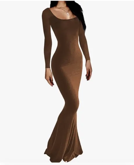 Women’s Basic Scoop neck Maxi Dress Brown - Image 6