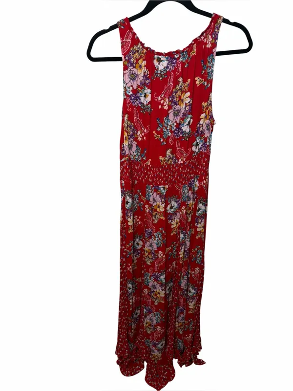 Bila Red Floral Boho Maxi Dress Hankerchief Hem Cottagecore Festival Flowy L - Image 3