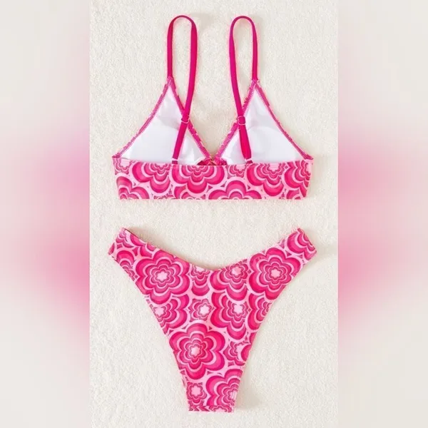 Pink Floral High Cut Bikini (S) Pink - Image 3