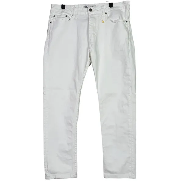 Zara Straight Leg High Rise Stretch Casual Ankle Cropped Denim Jean Zip 36 White - Image 14