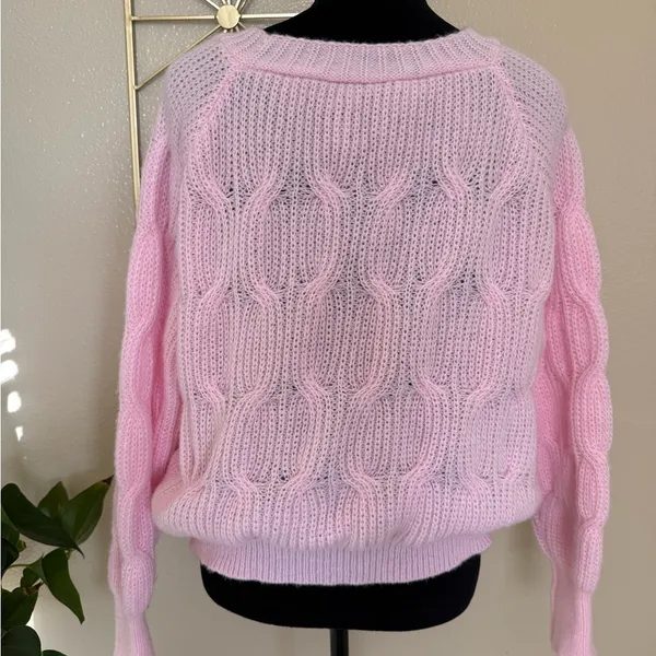 Pink Bow Knit Cardigan Sweater Coquette Cottagecore Oversized XL - Image 6