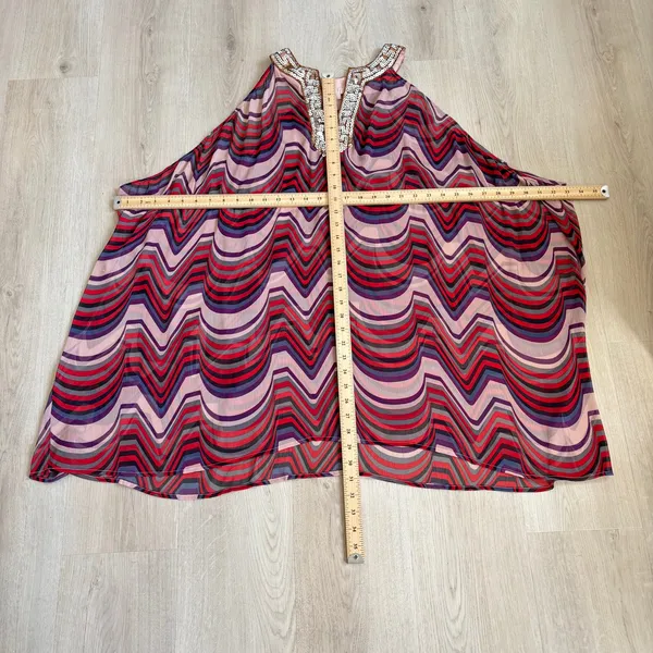 Free People EUC Women's Chevron Striped Mini Dress Sheer Chiffon Sequin Neck L - Image 7