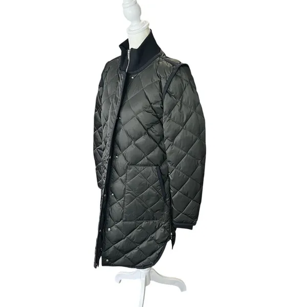 Theory Quilted Down Puffer Coat Olive Green Longline Jacket XS Petite - Image 4