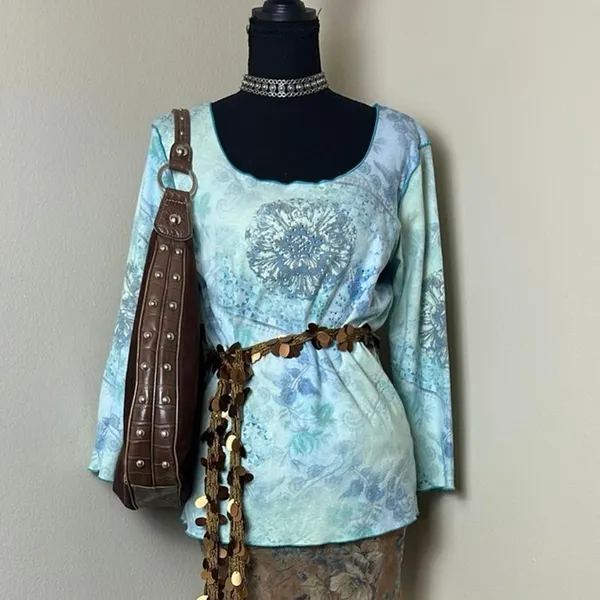 Oneworld Baby Blue Euro Print Top Size L 3/4 Sleeve Y2K Fairycore Boho Art Tee - Image 2