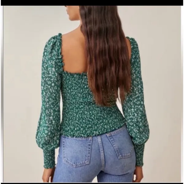 Reformation‎ Womens Size S Pinto Floral Top Green Ditsy Print Smocked Cropped - Image 2