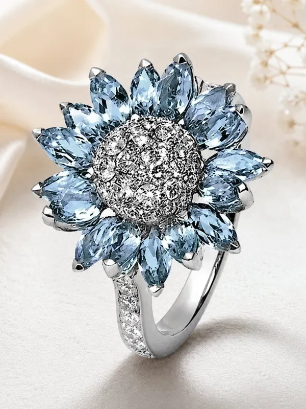 Sunflower Statement Ring Blue CZ Crystal Petals Silver Tone Size 10 NWT - Image 2