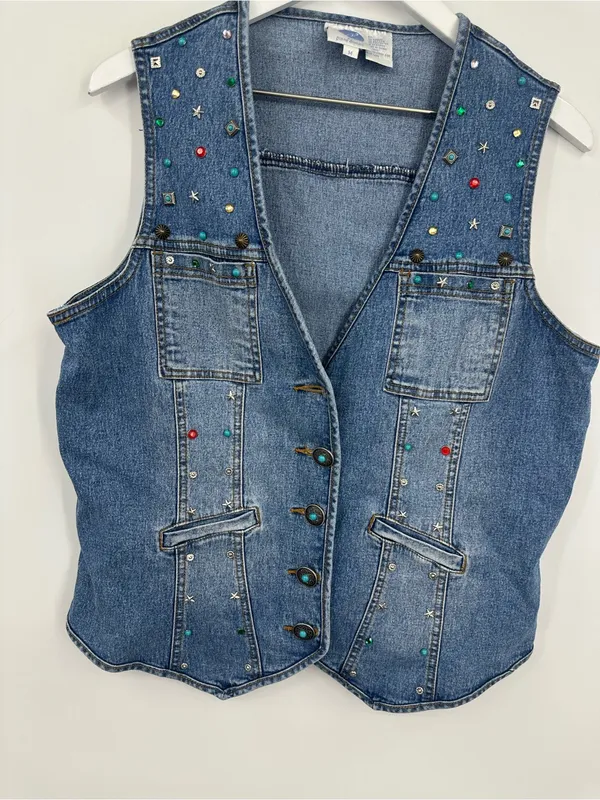 American Vintage Vintage Y2K Studded Embellished Denim Jacket Vest Size Medium Boho Whimsical - Image 9