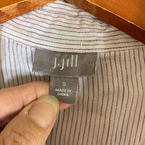 J. Jill Womens Small Linen Button Down Shirt Striped White Burgundy Long Sleeve - Image 2