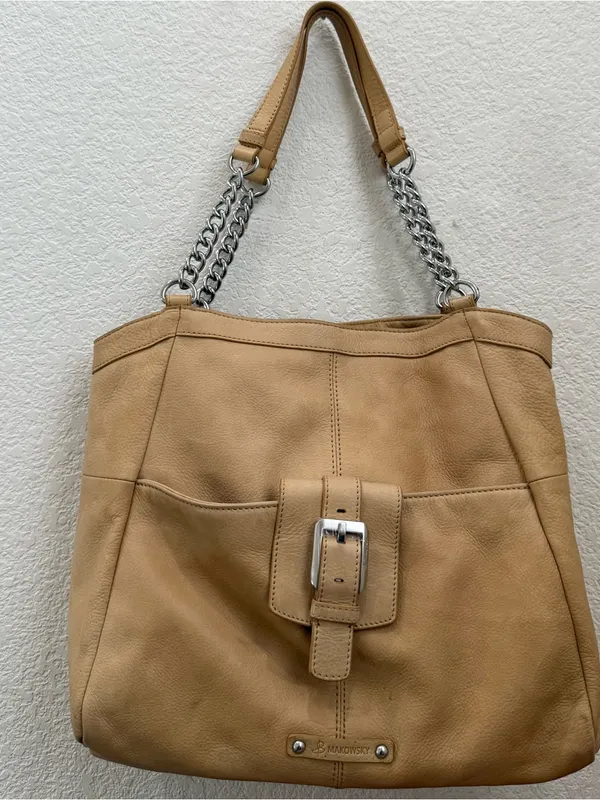 B. MAKOWSKY Beige Tan Pebbled Leather Chain Strap Tote Shoulder Bag - Image 8
