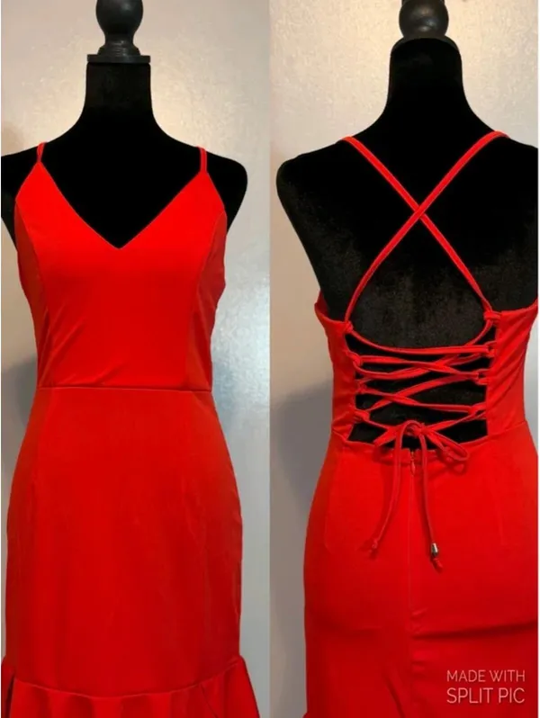 Red Lace Up Back Bodycon Ruffle Hem Spaghetti Strap Mini Cocktail Date Night - Image 2