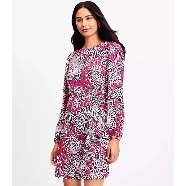 LOFT Petites Magenta Floral Paisley Ruffle Mini Dress 2P NWT Long Sleeve - Image 3
