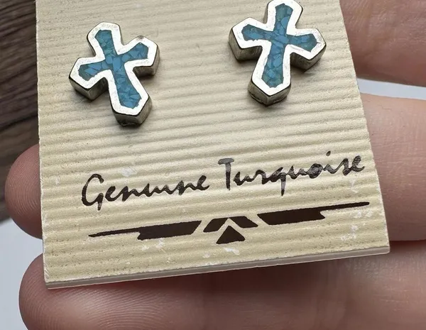 Genuine Turquoise Blue Cross Silver Tone Pierced Stud Earrings NWT Made In USA - Image 8