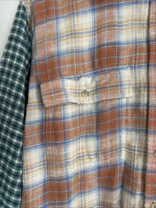 American Eagle Fall Plaid Patchwork Ragged Eclectic Grandpa Flannel Shirt sz L - Image 4