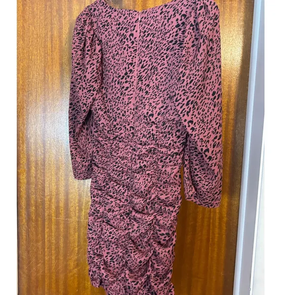 Zara‎ Pink Leopard Print Ruched Mini Dress Square Neck Long Sleeve Womens Medium - Image 2