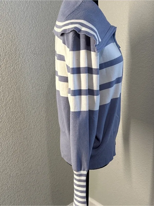 Marc New York Light Blue and White Striped Zip Up Sailor Collar Cardigan - Image 5