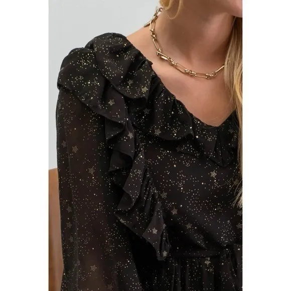 BY THE RIVER Chiffon Midi Dress Ruffled Black Gold Stars Party Glam Star Small‎ - Image 5