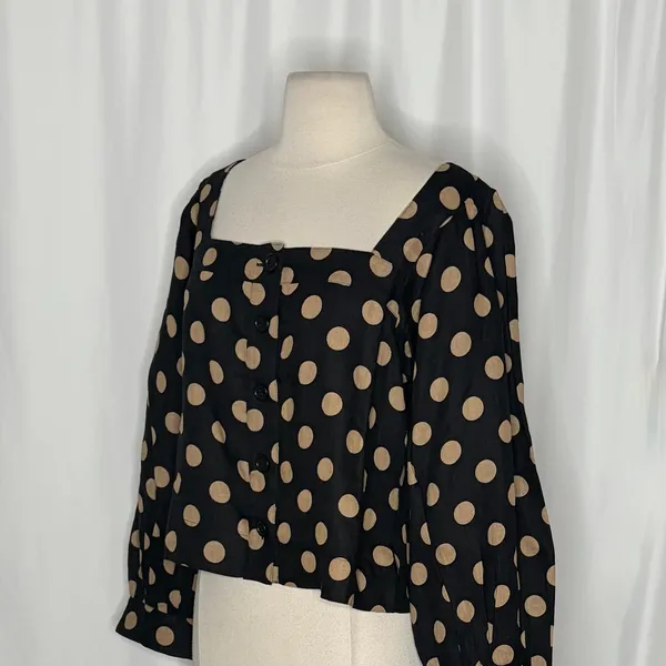 NWT!! J. CREW Linen Polka Dot Square Neck Blouse Black Tan Top Preppy Medium - Image 5