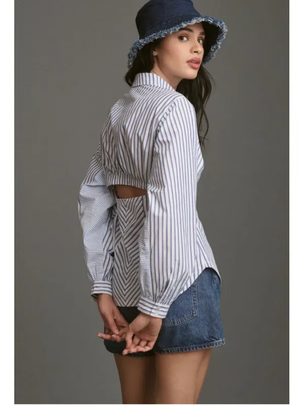 Maeve by Anthropologie Mixed Stripe Cutout Buttondown Shirt Women's Size M - Image 2