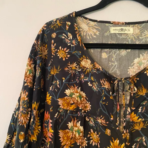 Natural Life Navy Orange Floral Peasant Blouse 3/4 Sleeve Boho Women size Large - Image 3