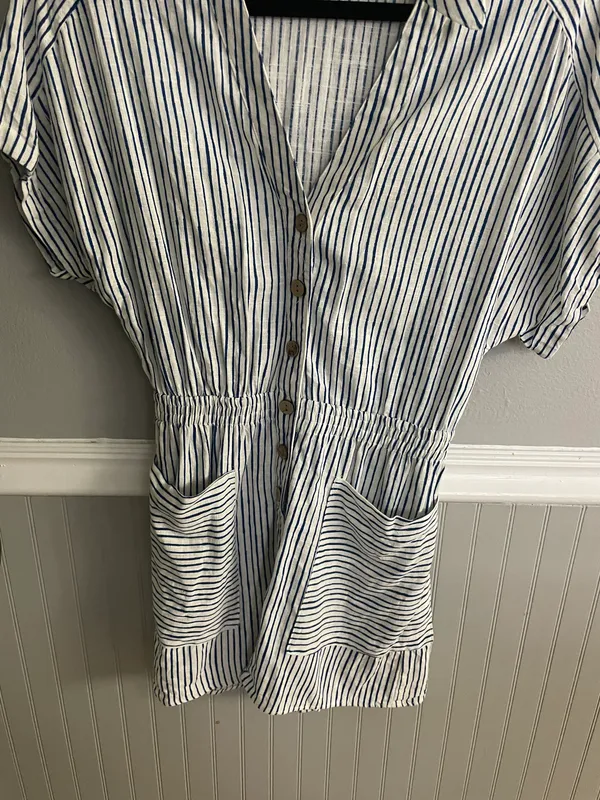 Blue White Stripe Lined Blend Button Down Shirt Short Romper Jumpsuit - Image 7