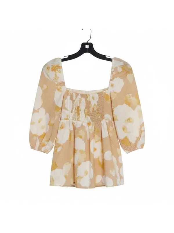 En Saison Floral Puff Sleeve Blouse Tan White NWT Medium‎ Smocked Babydoll - Image 2