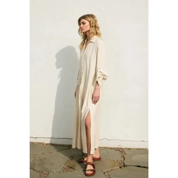 $139 Dress Forum Cotton Linen Pleated Longline Shirt Dress in oatmeal, NWT L - Image 2
