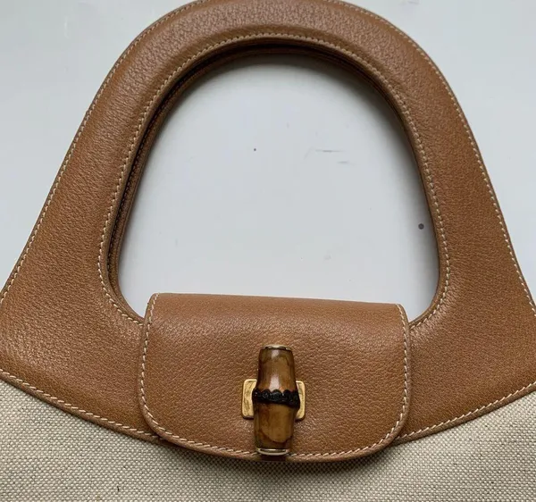 Vintage Authentic Gucci 90’s Leather Bamboo Canvas Shoulder Tan Preppy Classic - Image 2