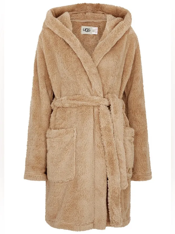 UGG Aarti Hooded Teddy Sherpa Fleece Robe in San Camel Beige NWT Sz. M - Image 4
