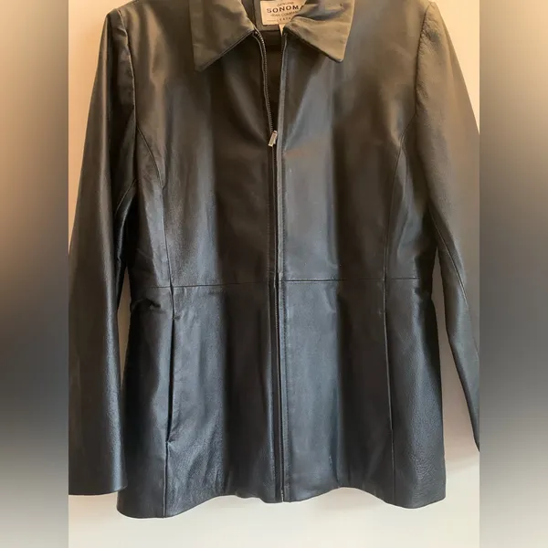 Sonoma Black Leather Jacket Womens Size M Winter Outerwear Coat Zip Vintage - Image 2