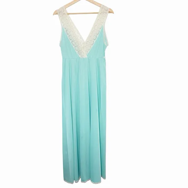 VTG Vanity Fair Nightgown 36 Aqua Blue Lace Maxi Dress 60s 70s USA Nylon - Image 3