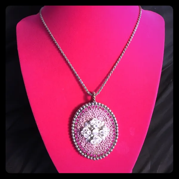 Vintage Pink Crystal Floral Statement Pendant Necklace Silver Tone 16” - Image 5