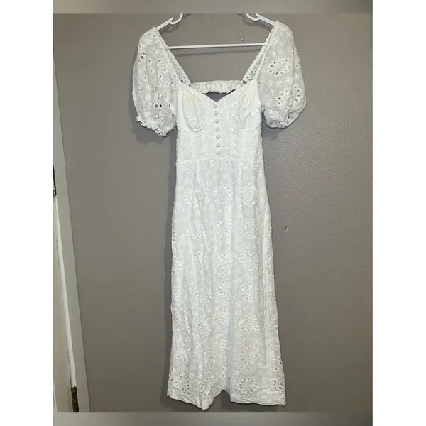 Lulu’s White Eyelet Puff Sleeve Cottagecore Midi Dress Women’s Size XS - Image 4