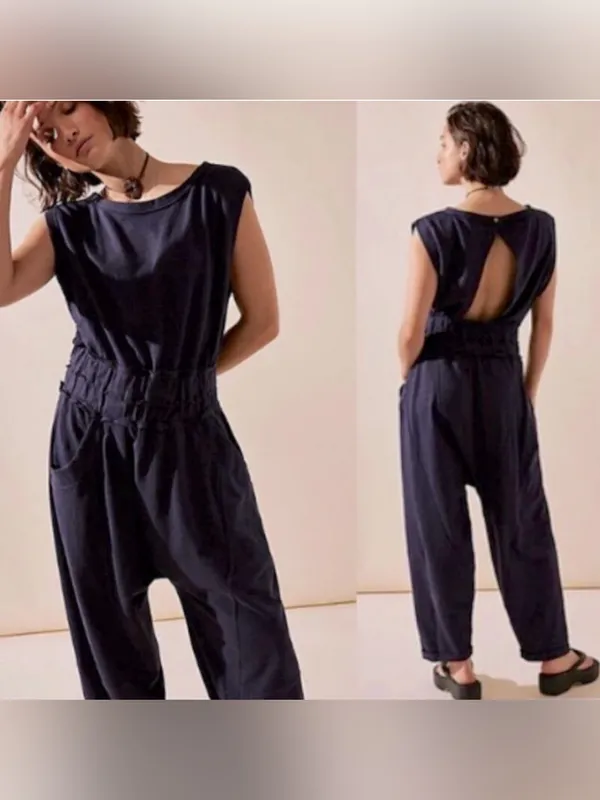 Free People Jamie Jumpsuit Sz Small Navy Blue Open Back Boho - Image 2