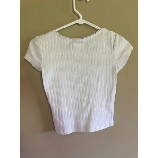 Just Polly New York White Pointelle Baby Tee Lace Trim Bow Top Small‎ JK19481 - Image 3