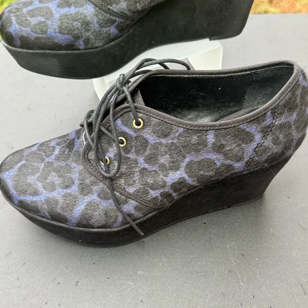 Nicole Wedge Oxfords Women Size 8M Black Blue Leopard Print Lace Up Shoes - Image 3