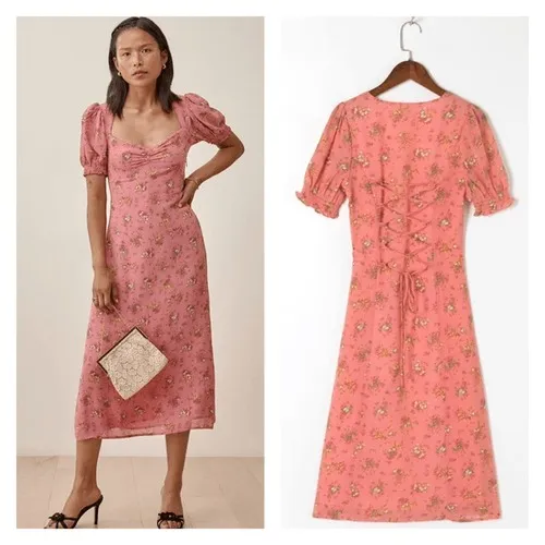 Reformation Midi Dress Luciana 0 Pink Floral Lace‎ Up Back Cottagecore Romantic - Image 12