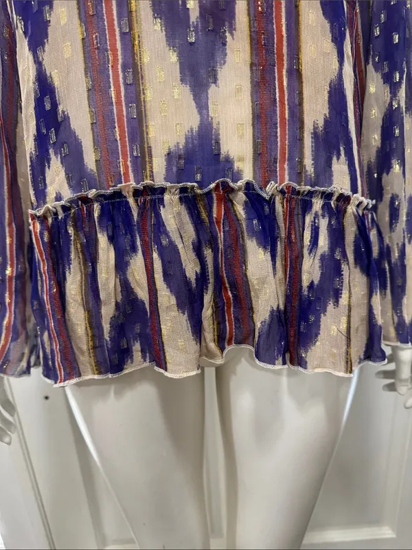 Oliphant Silk & Cotton Purple Ikat Ruffle Hem Long-Sleeve Top Size Large💜 - Image 7