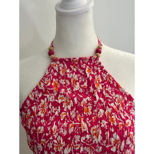 Zara Pink Floral Smocked Halter Crop Top Beaded Neck Tie Back XS - Image 3