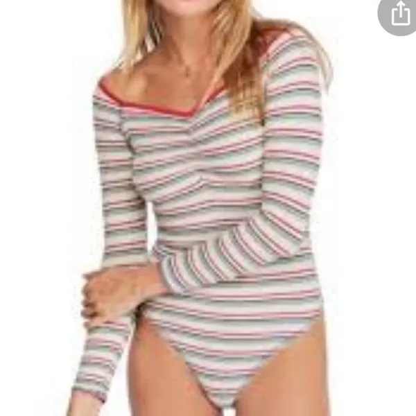 Free People Striped Ribbed Off Shoulder Bodysuit Womens XS Sweetheart Neckline - Image 5