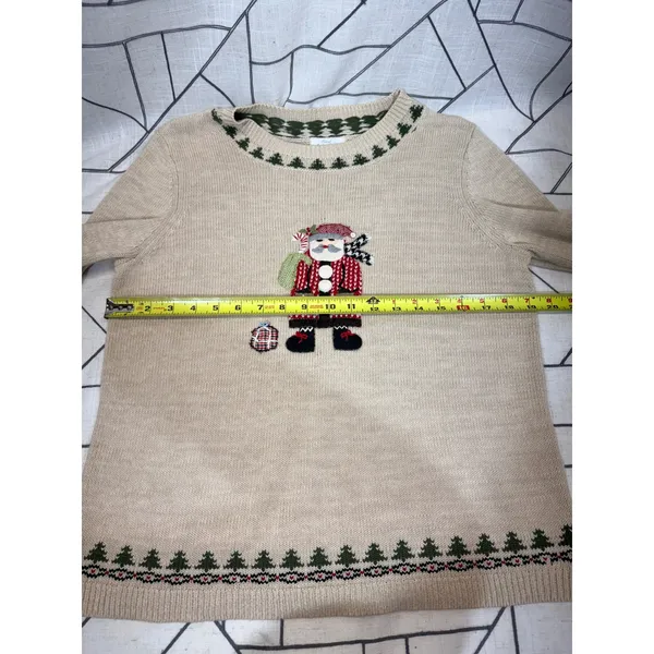 Christopher & Banks Sweater Medium Tan Santa Hand Embroidered‎ Christmas Holiday - Image 7