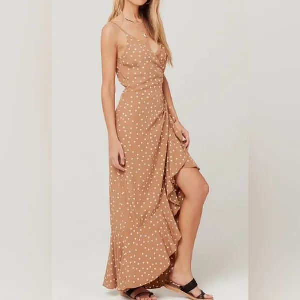 L*Space Polka Dot‎ Wrap Dress Tan Ruffle Maxi Dress Size M - Image 3