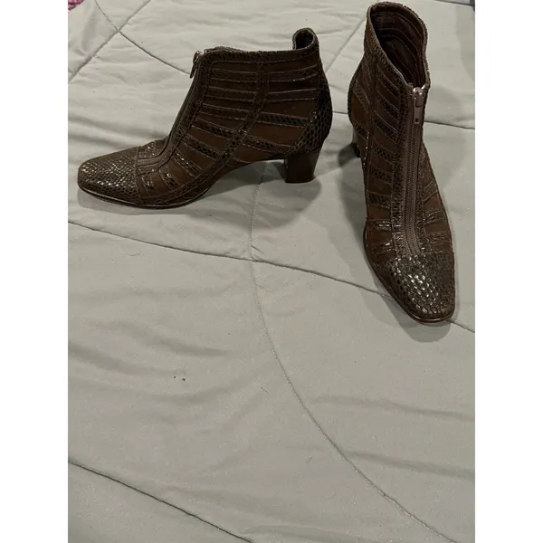 Italian Brown Suede & Snake Embossed Leather Ankle Bootie Women’s Size 7 - Image 4