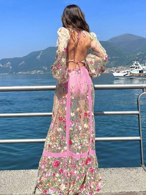 For Love & Lemons Luna Embroidered Floral Tulle Maxi Dress Ethereal Small New - Image 8