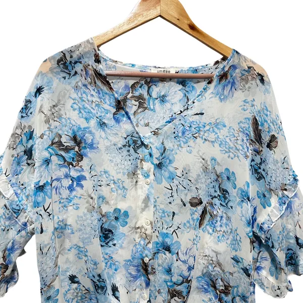 Umgee Women Top‎ S Blue Cottage Floral Chiffon Tie Front Ruffle Flutter Sleeve - Image 5