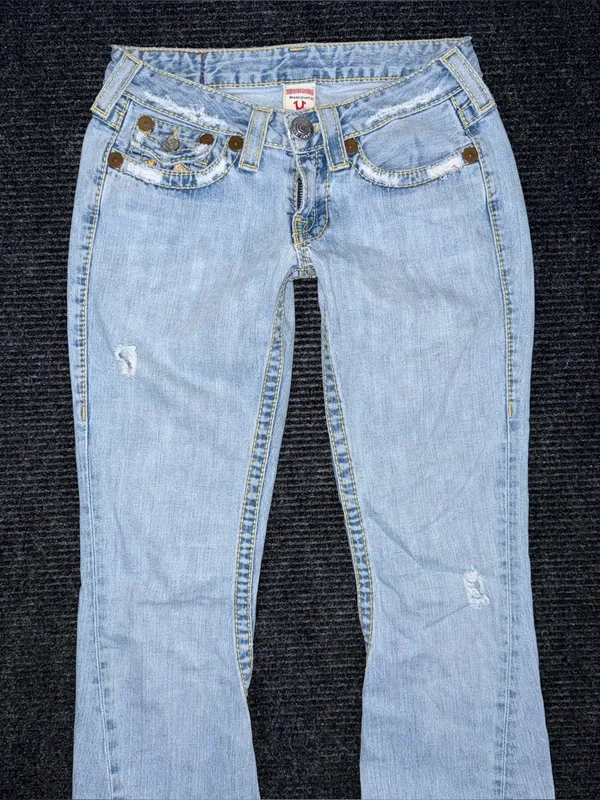 RARE Vintage True Religion Ultra Low Rise Twisted Flare Jeans Distressed 27 x 33 - Image 4